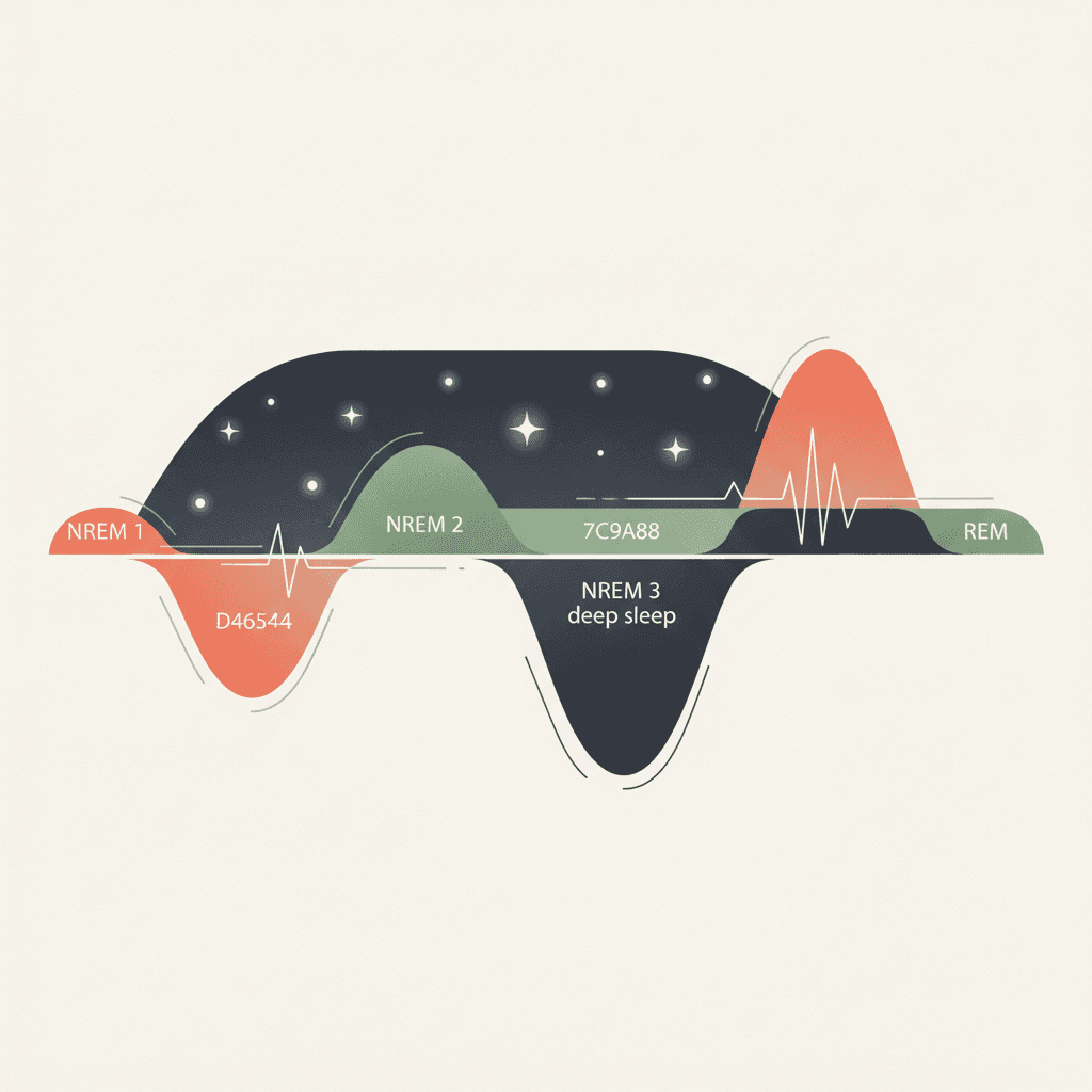 Ciclo do sono de 90 minutos: fases NREM 1, 2, 3 (sono profundo) e REM.