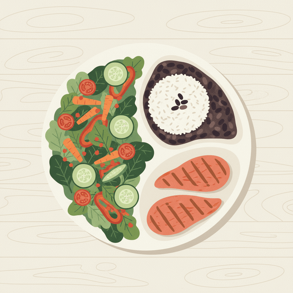 Prato balanceado pelo método visual do Guia Alimentar Brasileiro: 50% vegetais, 25% carboidrato, 25% proteína.